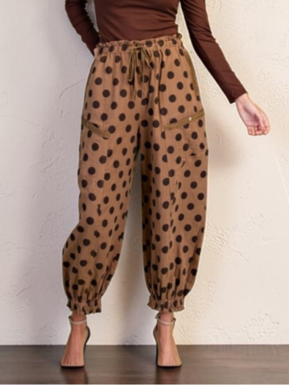 Gigio Brown Polka-Dot Gathered Ankle Pants